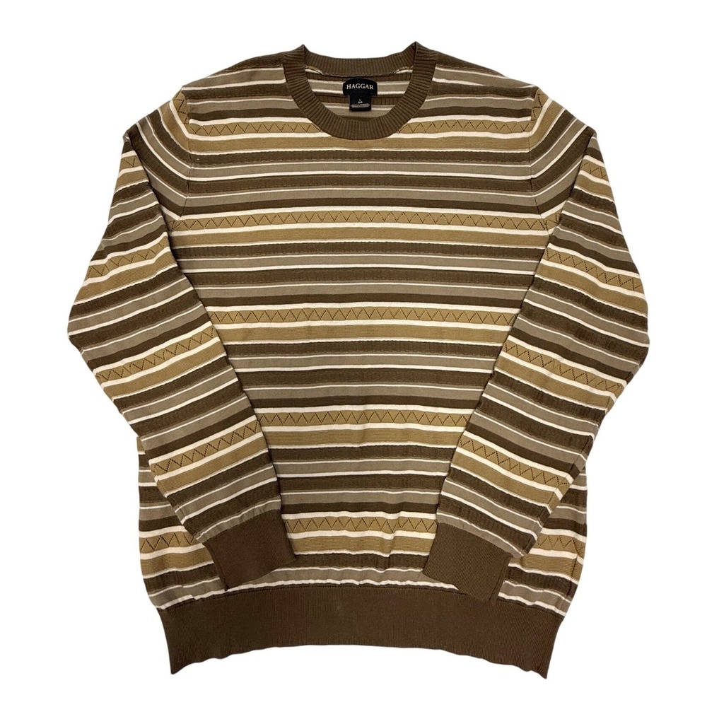 Haggar Mens Large Brown Striped Crewneck Sweater HAGWVH145 Cotton Blend